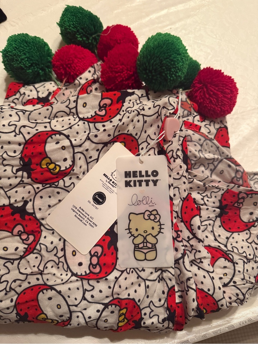 Hello Kitty x Lolli Red White Pom Sarong Coverup Wrap Scarf Shawl Multi Use New